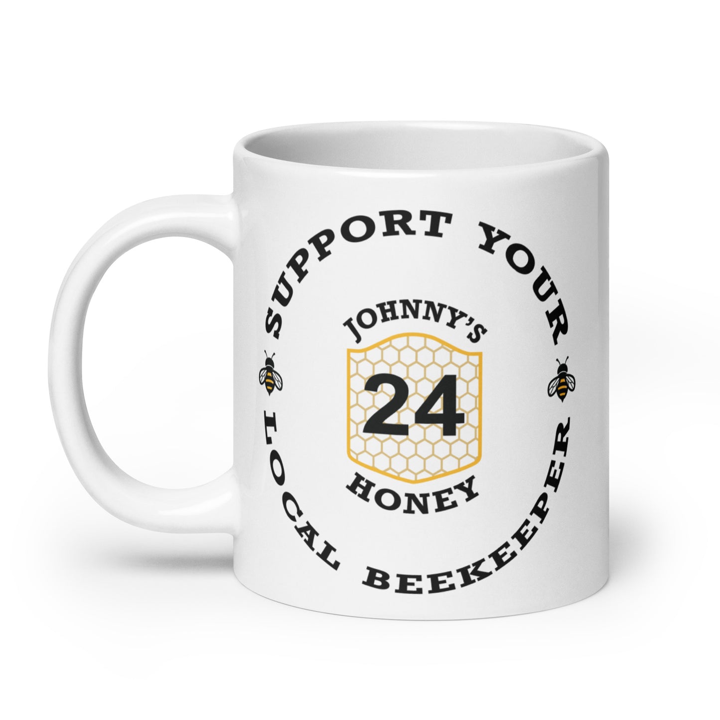 White glossy mug- Support Your Local Beekeeper