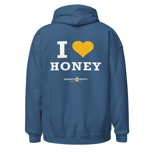 Unisex Hoodie- Bee in Front, I Love Honey in Back