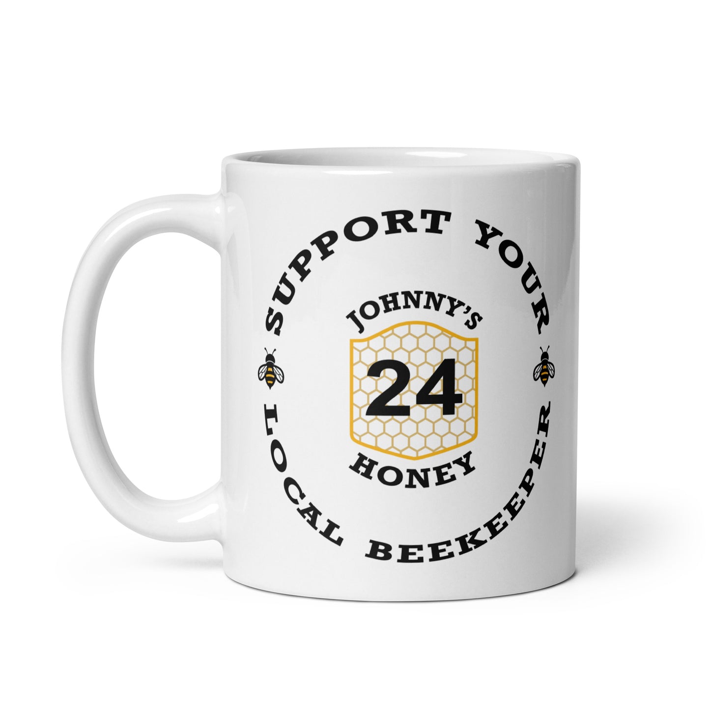 White glossy mug- Support Your Local Beekeeper