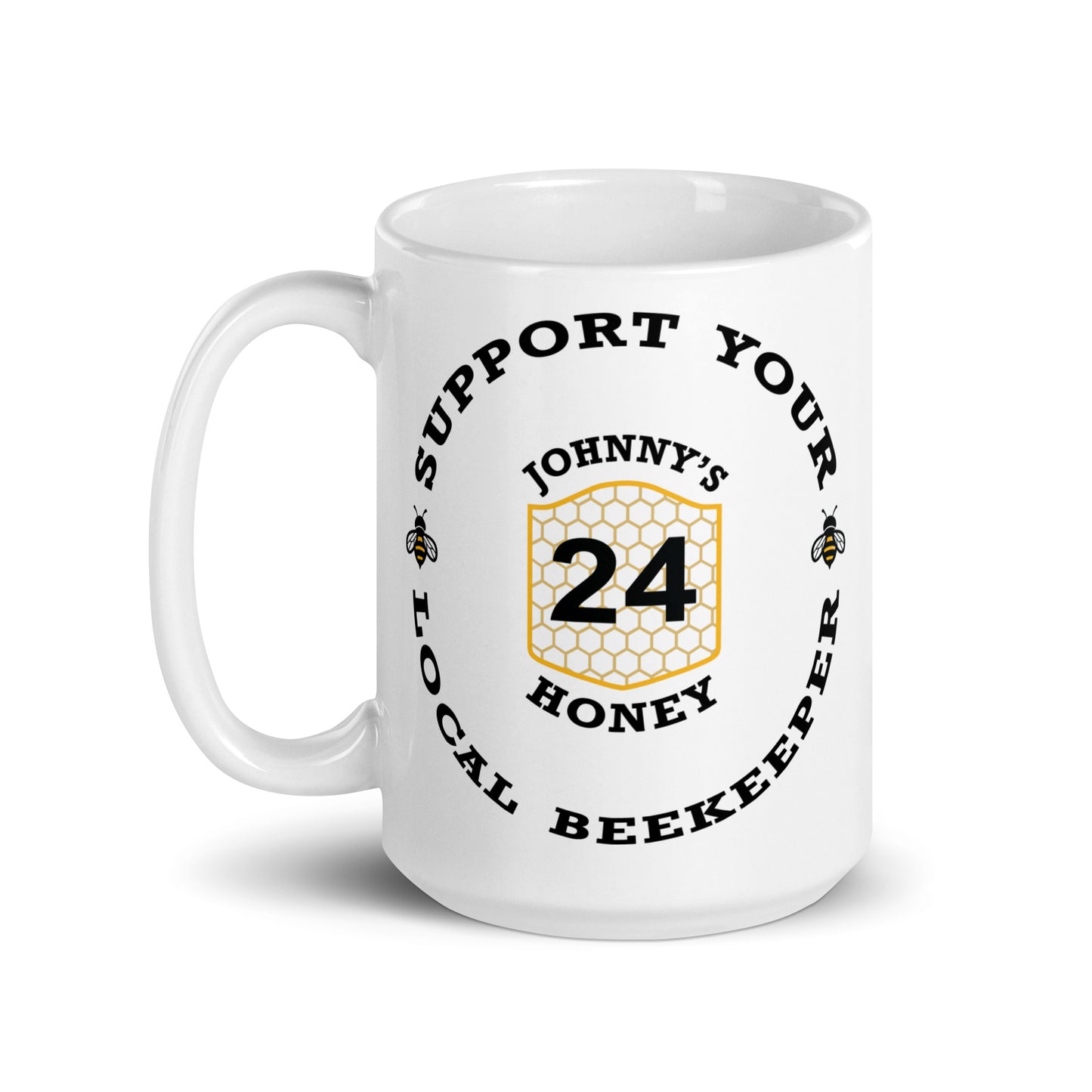 White glossy mug- Support Your Local Beekeeper